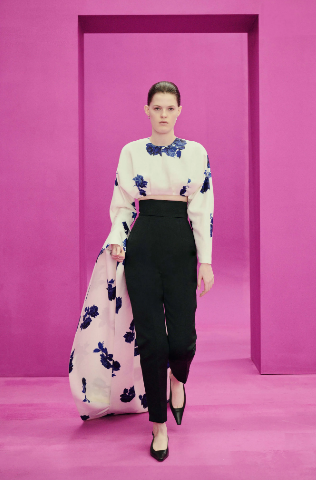 Emilia Wickstead high waist trousers and floral print blouse with train. (Photo courtesy of Emilia Wickstead)