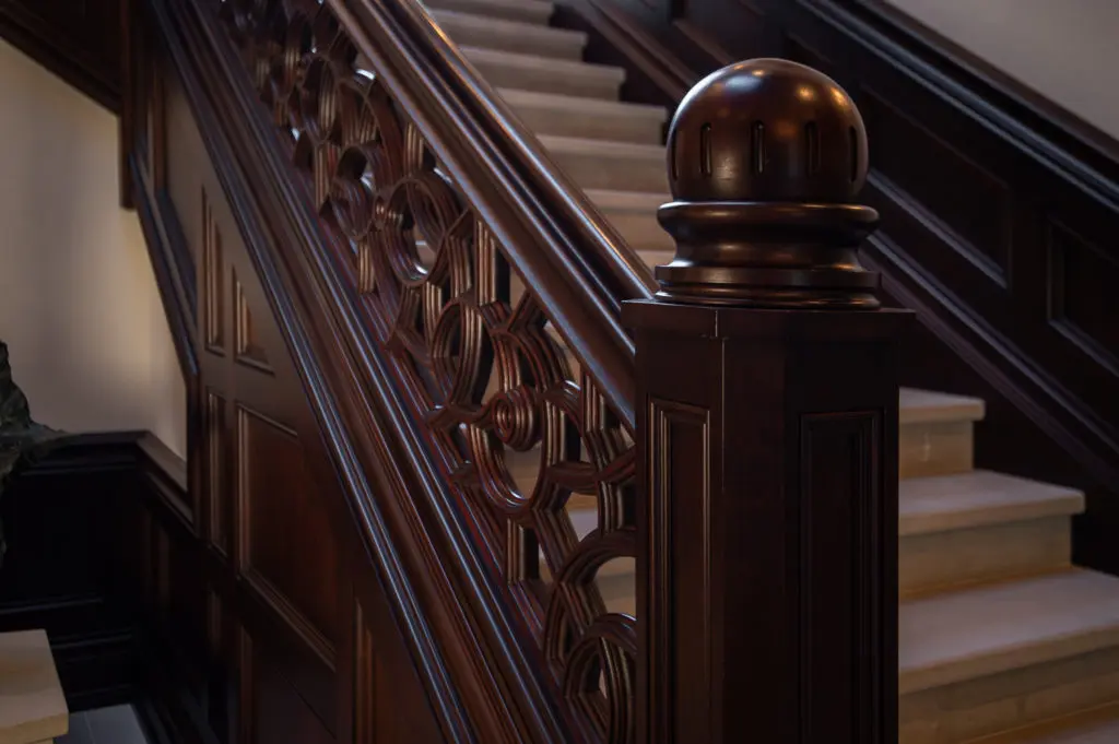 A carved mahogony staircase at The Romanov Estate. 