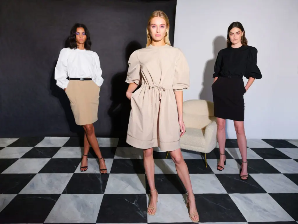 LDT includes wardrobe staples in khaki, white and black along with bold splashes of color.