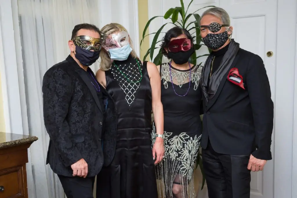 Michel Coret, Tatiana Sorkin, Duyen & Marc Nguyen at The Houstonian Mardi Gras dinner in the historic Manor House. (Photo by Daniel Ortiz)