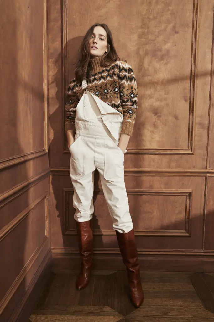 Veronica Beard Fair Isle sweater, tan overalls. (Photo courtesy of Veronica Beard)