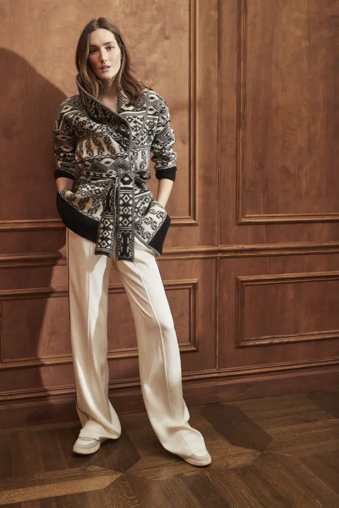Veronica Beard tie print cardigan and cream-colored trousers. (Photo courtesy of Veronica Beard)