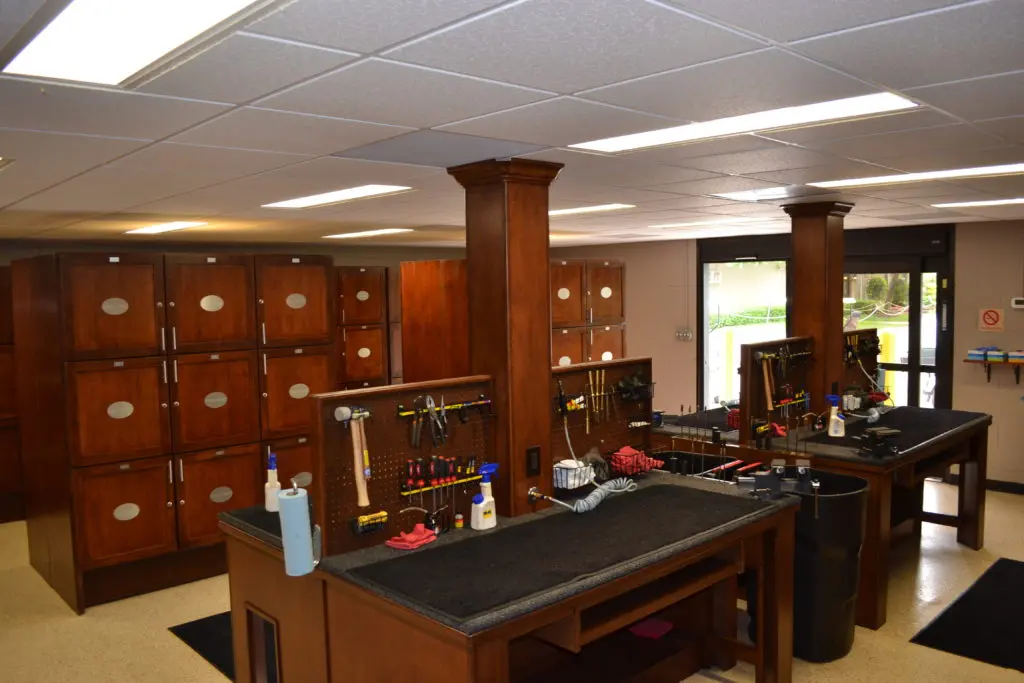 At Greater Houston Gun Club, you don't need to your own WD-40 to clean your gun. The Gun Care Center (pictured above) takes care of that and more (right down to your shotgun's chokes).