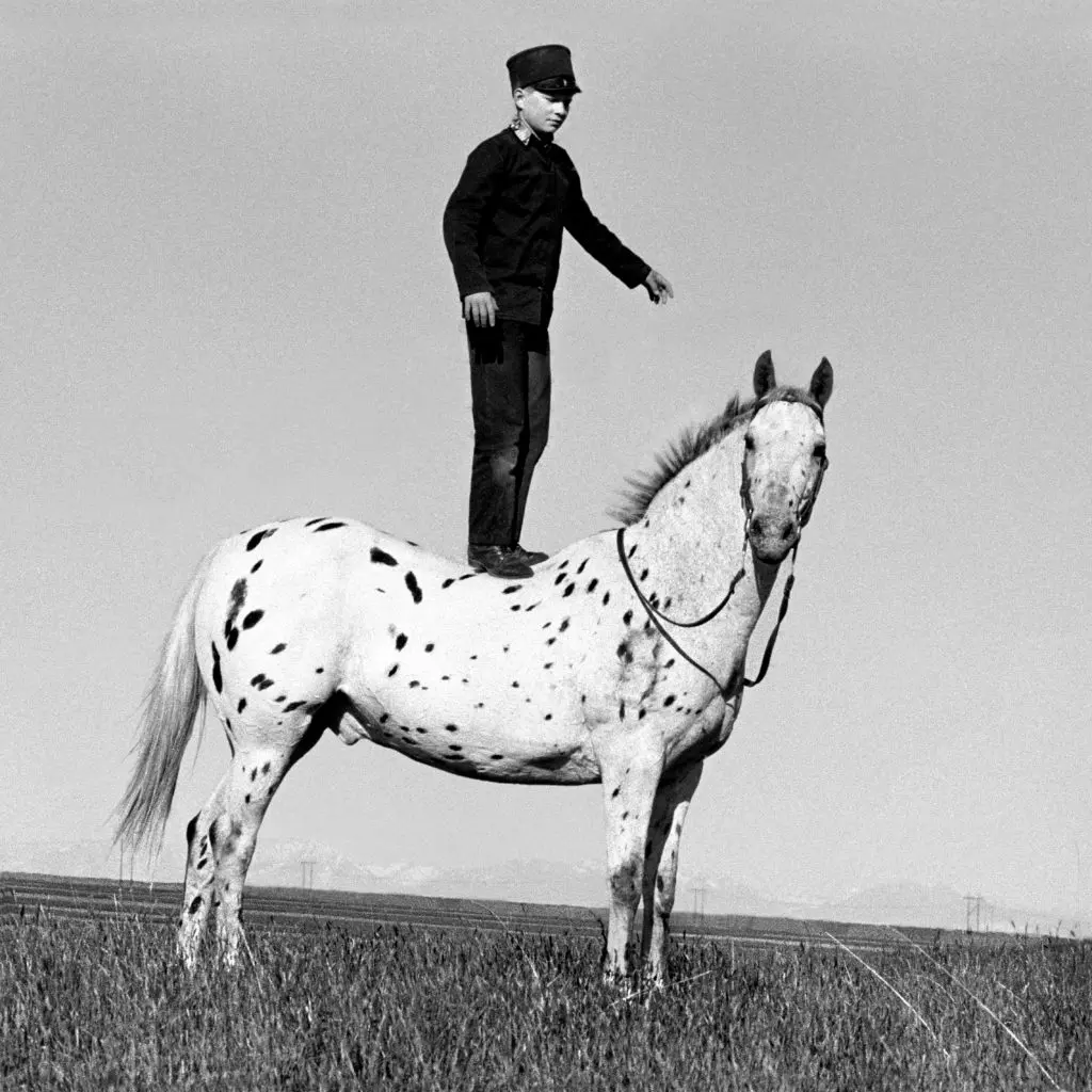 Laura Wilson's "Hutterite Boy on Appaloosa, Golden Valley Colony, Ryegate, Montana," 1993 at Red & White Gallery.