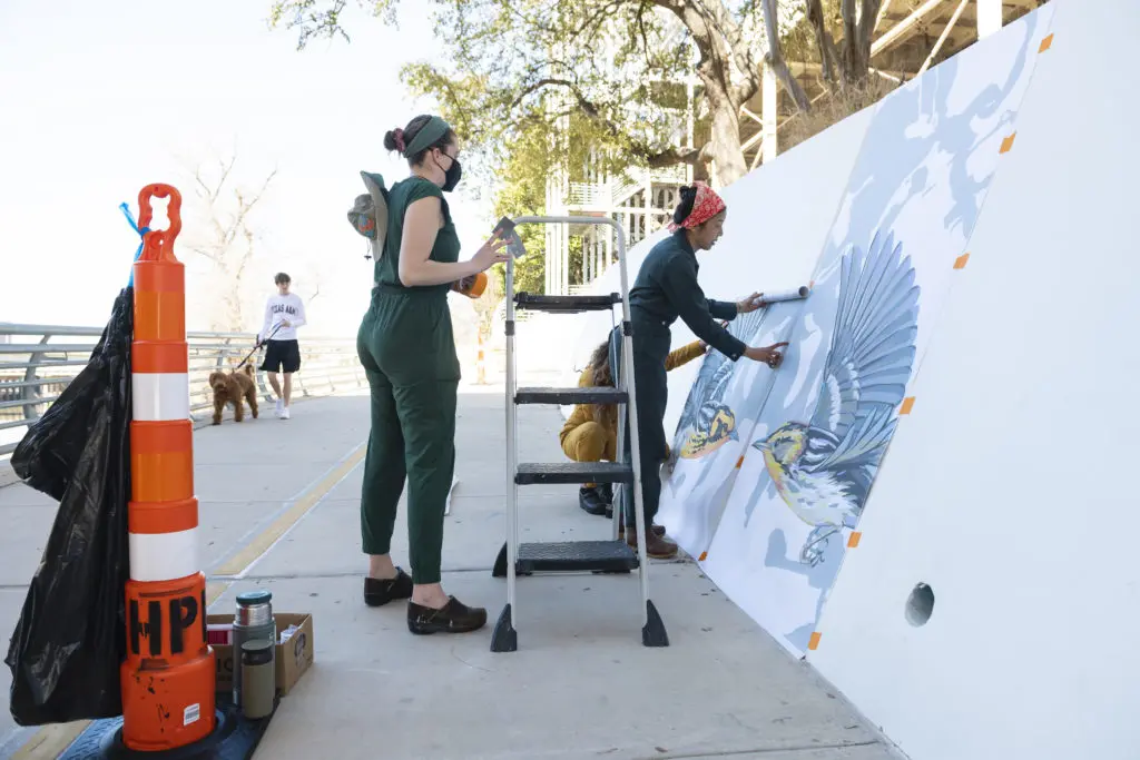 'Confluence,' the public art installation along Houston's Buffalo Bayou is expected to be completed by the Ink Dwell team within several weeks. (Photo by Anthony Rathbun, Houston Parks Board)