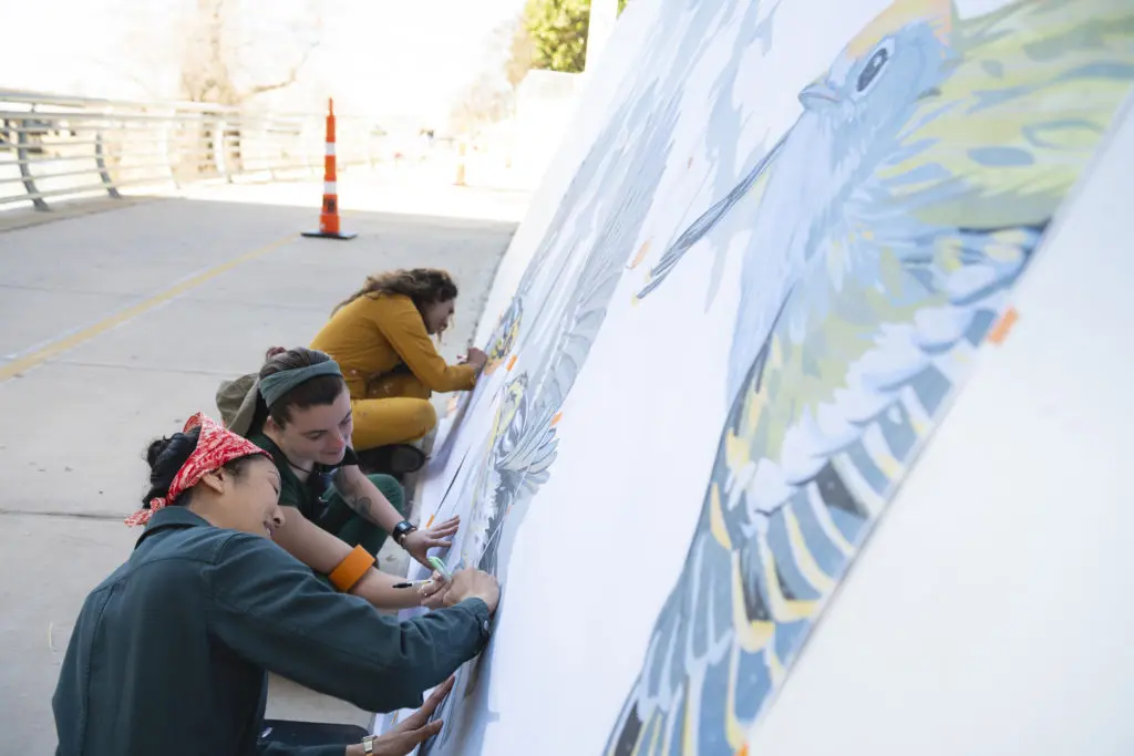 'Confluence,' the public art installation along Houston's Buffalo Bayou is expected to be completed by the Ink Dwell team within several weeks. (Photo by Anthony Rathbun, Houston Parks Board)