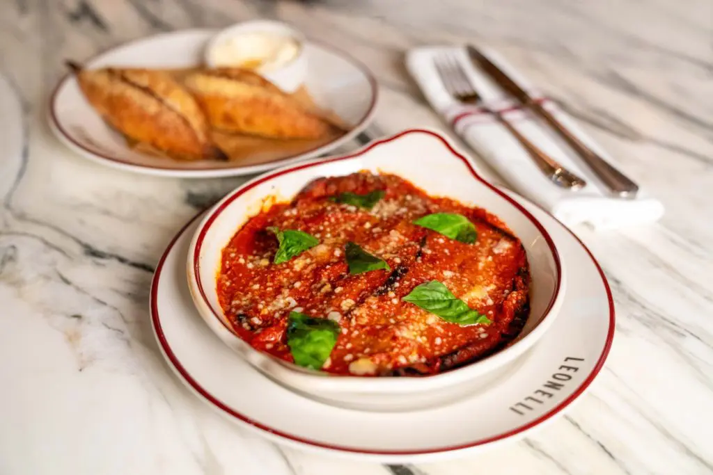 Eggplant Parmesan tops focaccia when it is served in Café Leonelli in the Kinder Building at the Museum of Fine Arts Houston. (Photo by Emily Chan)