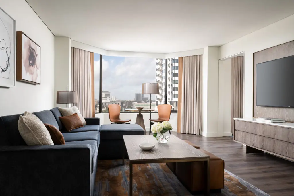 An executive suite living room in the Four Seasons Hotel Houston, designed by Rottet Studio. (Photo by Four Seasons Hotel Houston)