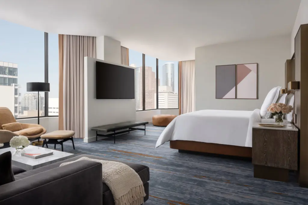 The master bedroom of the Four Seasons Hotel Houston's Penthouse Suite has been reconfigured and redesigned by Houston-based Rottet Studio. (Photo by Four Seasons Hotel Houston)