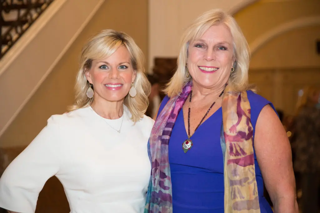 Flink, sporting one of her favorite accessories ("I love to lighten it up with a scarf") and Gretchen Carlson, who kicked off her Gretchen Carlson Leadership Initiative at The Family Place in Dallas in 2017.