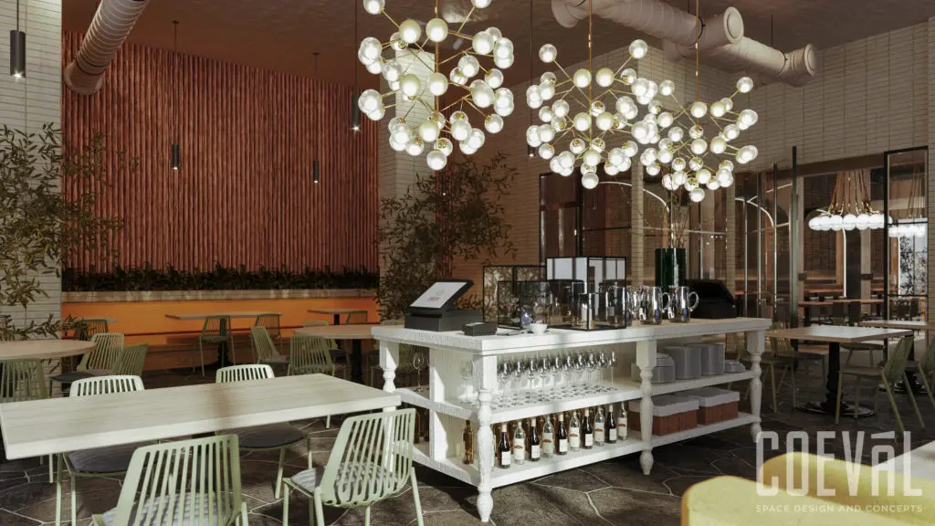 Harper's has an impressive culinary team led by Rodman Shields. Chef Jacob Williamson (formerly of Five Sixty by Wolfgang Puck) will lead the kitchen as executive chef, while Pierce Everett (Lounge 31) is serving as General Manager. (Rendering courtesy of Coeval)