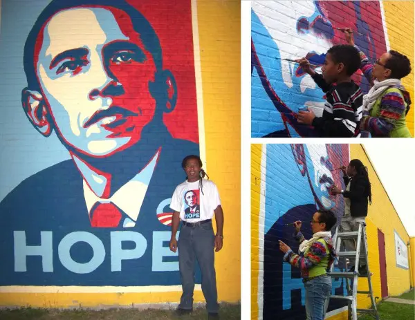 Reginald Adams' “Barack Obama” mural marks the Obama's visit to Houston for the 2008 primaries. (Photo by Reginald Adams)