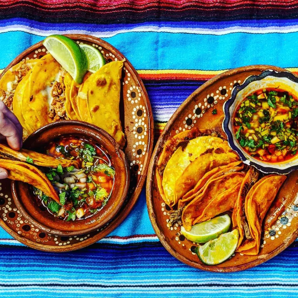 Mariachi's Dine-In's classic beef and vegan jackfruit birra tacos.