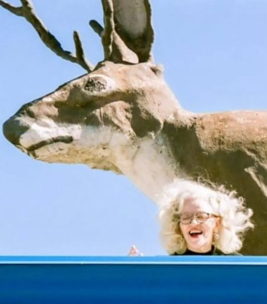 Nancy Lamb with her now iconic Fort Worth sculpture - The Jackalope.