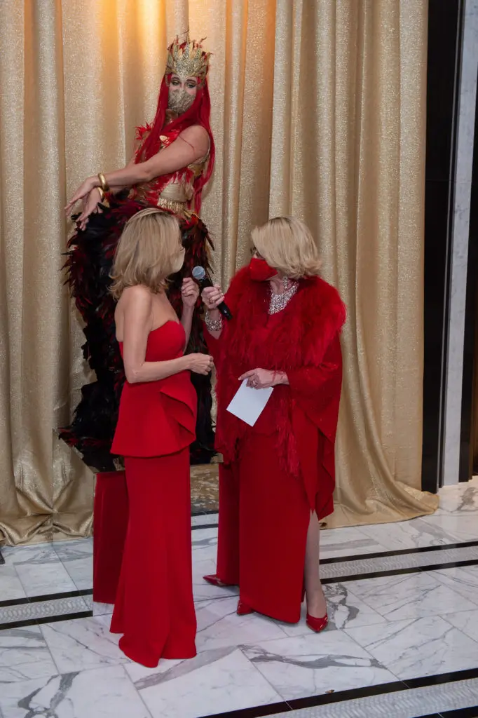 Leslie Siller is interviewed by 'Joan Rivers' (aka Dee Dee Hanson) for the virtual presentation of the Houston Symphony Ball.  (Photo by Wilson Parish)