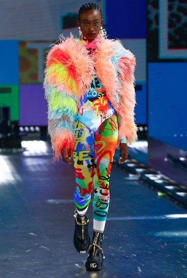 Dolce & Gabbana graffiti bodysuit and feather jacket. (Photo courtesy of Dolce and Gabbana)