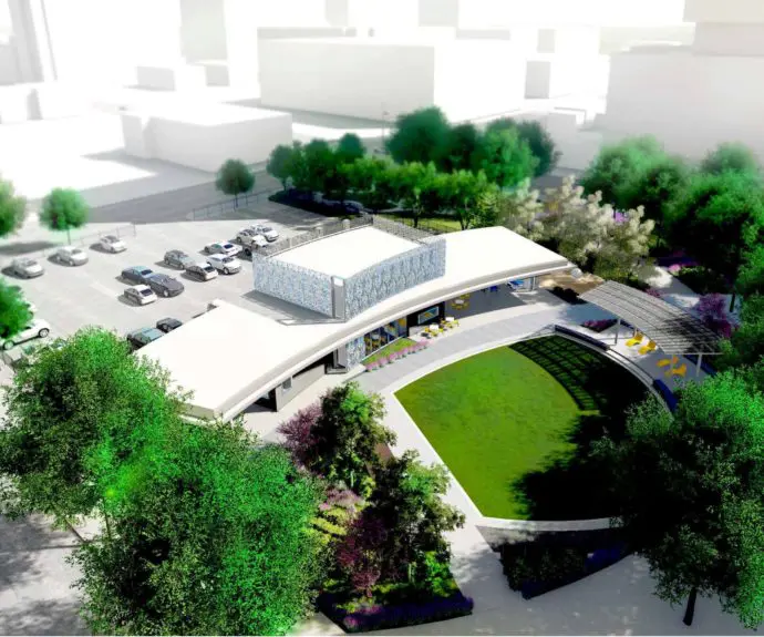 An aerial rendering of South Downtown Houston's newest park, Trebly Park (Photo by Downtown Redevelopment Authority) 