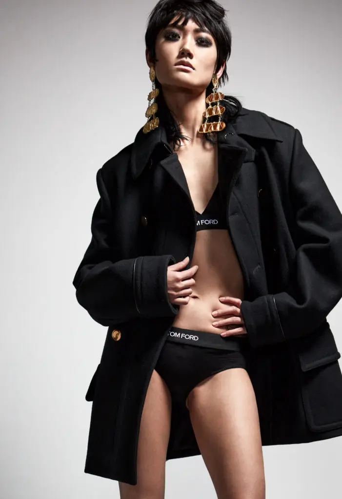 Tom Ford cashmere underwear and black coat with gold buttons. (Photo courtesy of Tom Ford)
