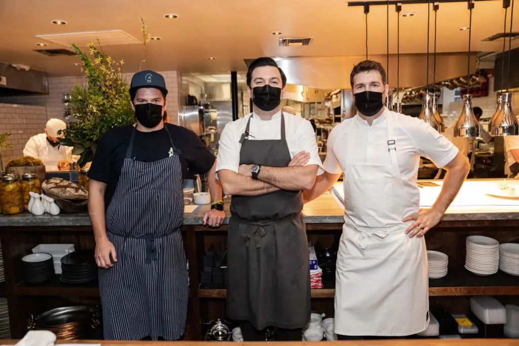 Three chefs — Travis Swikard, Aaron Bludorn, and Mathew Peters — join forces at Bludorn for a collaboration dinner benefiting the Southern Smoke Foundation. (Photo by Michael Anthony)