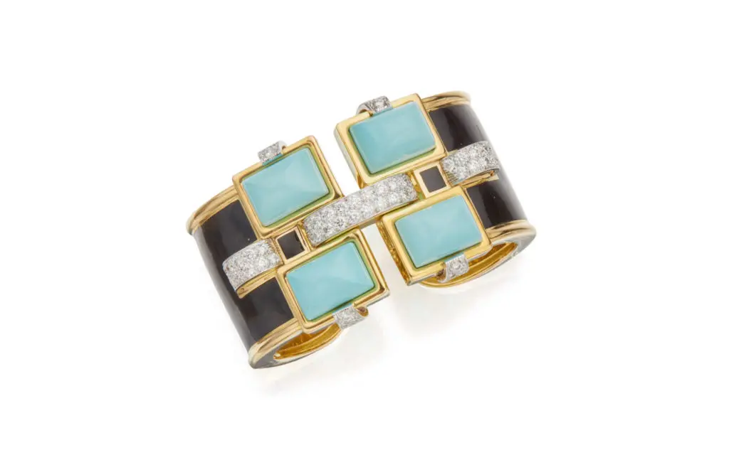 Anne Marion's taste in jewelry also ran to the bold: Turquoise, enamel, and diamond Bastille cuff bracelet by David Webb, destined for a dedicated fine jewels sale later this year.