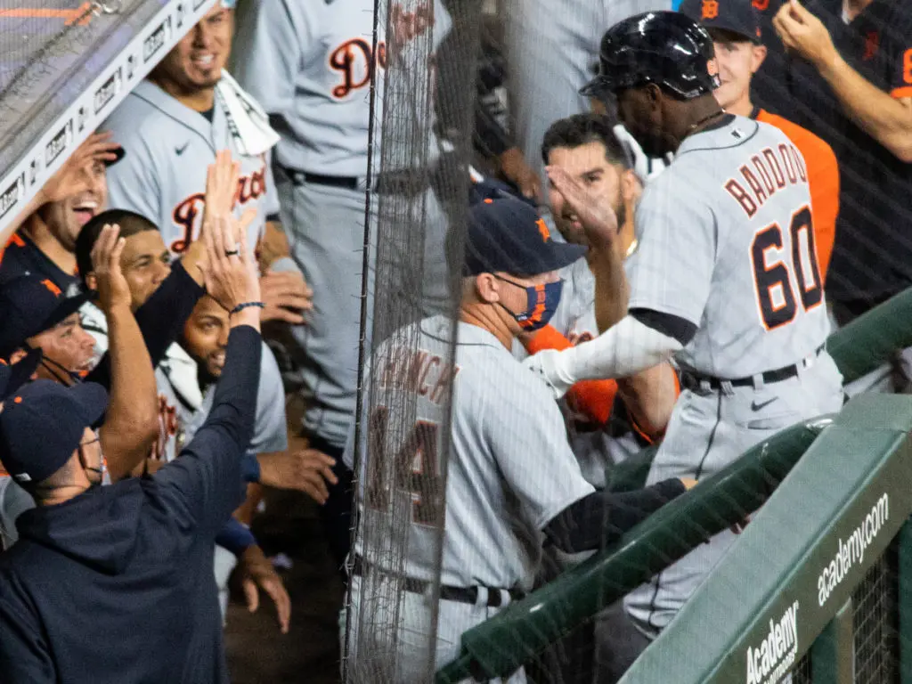 Akil Baddoo is starting to look like a very bad man for the Detroit Tigers. He almost sent a Zack Greinke pitch to Mars on this night. (Photo by F. Carter Smith)