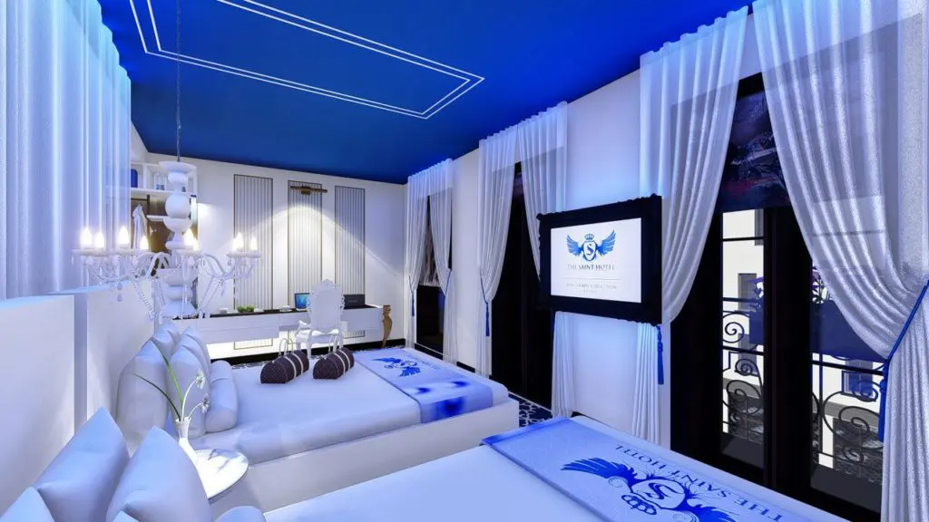 Rendering of a beautifully serene guest room in The Saint Hotel Charleston, which is in the final stages of construction. 