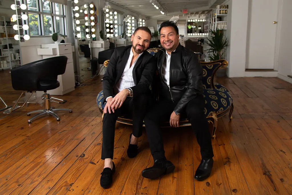 Xandro Canales and Sergio Morales, co-owners of the Volume Social Club, the unexpected hair salon perched above Paulie's in Montrose. (Photo by Leah Wilson)
