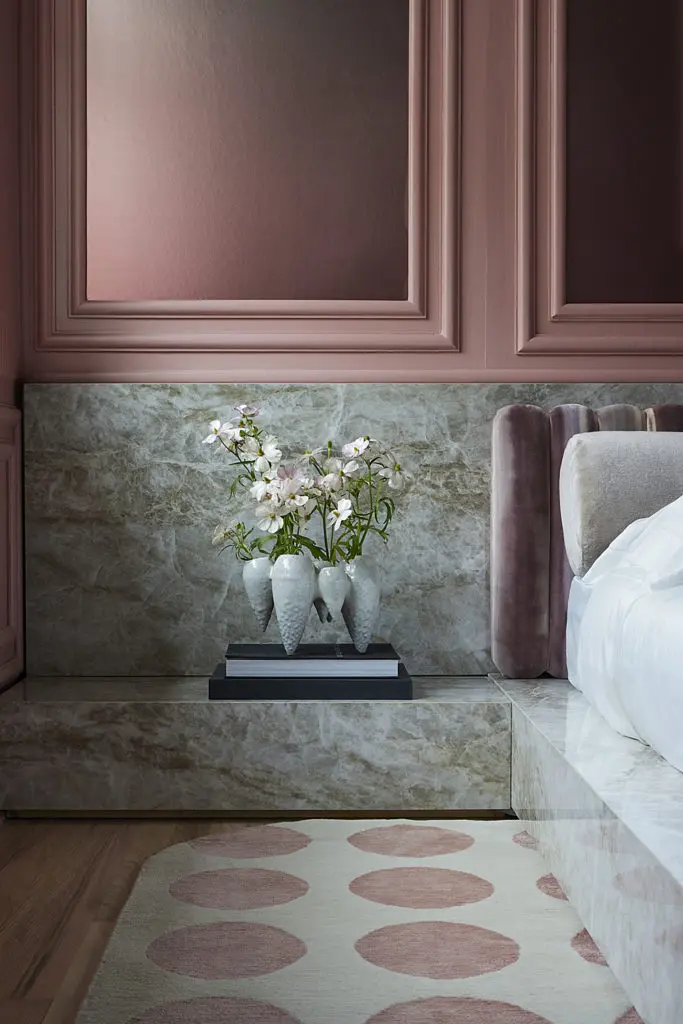 Houston-based designer Nina Magon creates a contessa's bedroom for the Kips Bay Decorator Show House Palm Beach. Three handmade bubble vases by CuoreCarpenito Studio and a white leather side table by Stéphane Parmentier for
Giobagnara. (Photo by Carmel Brantley)