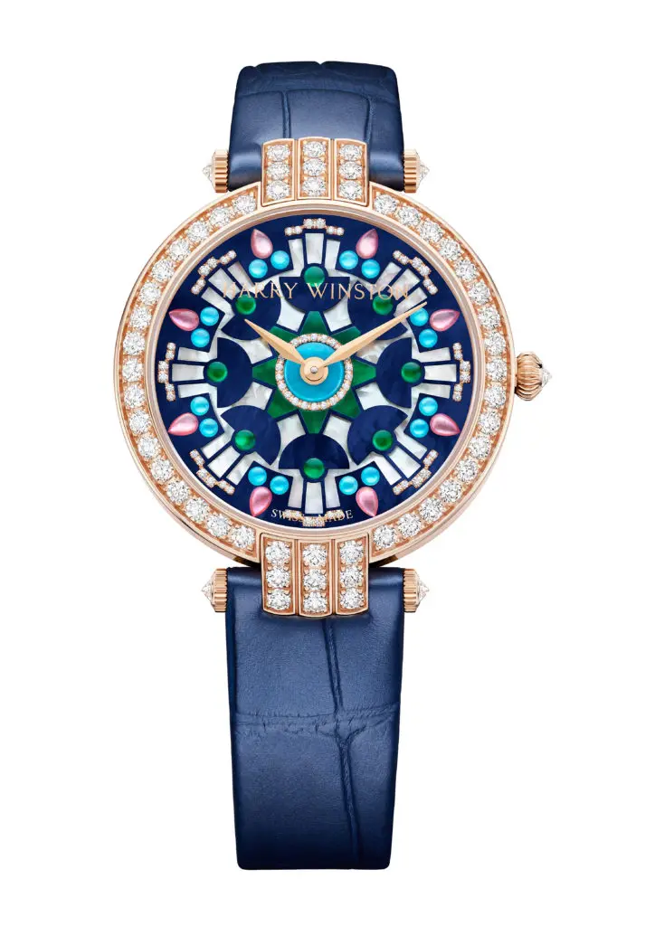 The Kaleidoscope Collection includes watches, this one of six 36 mm Premier models, each featuring a 3D explosion of shapes and patterns of stones set against a mother-of-pearl backdrop.