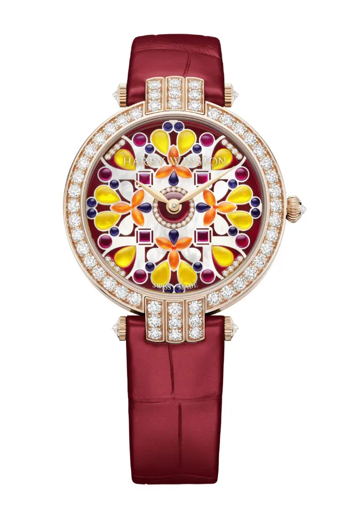 The Kaleidoscope Collection includes watches, this one of six 36 mm Premier models, each featuring a 3D explosion of shapes and patterns of stones set against a mother-of-pearl backdrop.