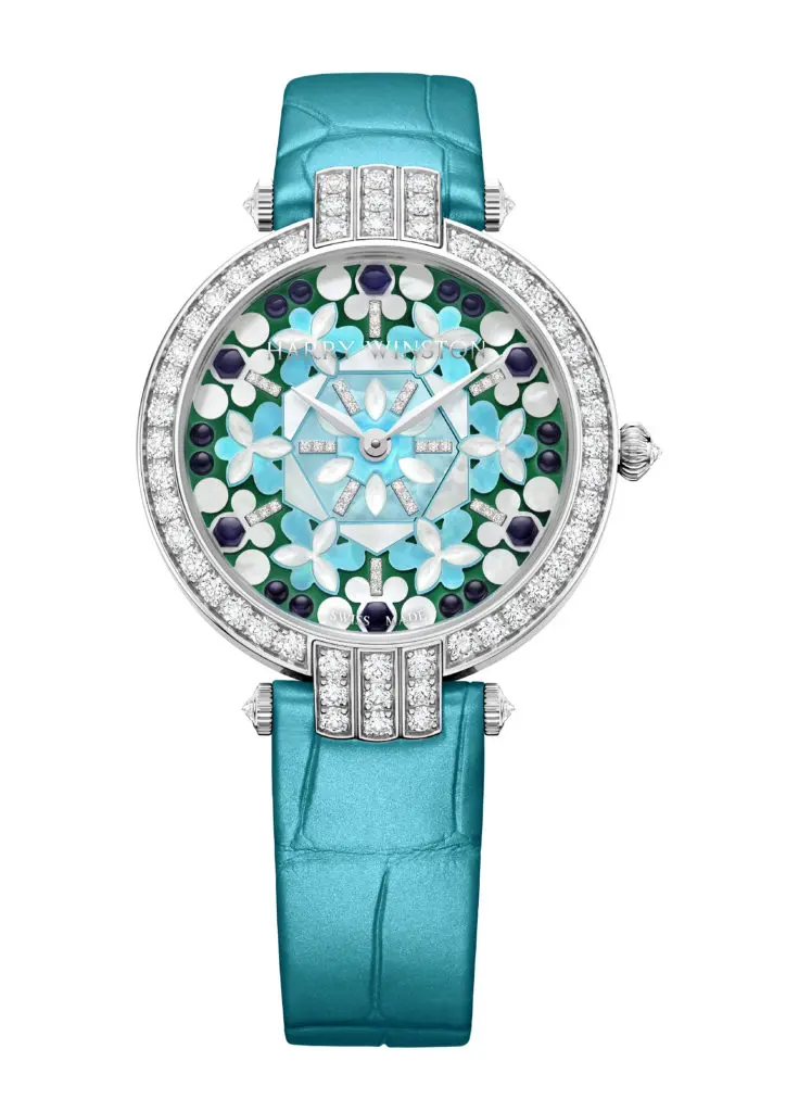 The Kaleidoscope Collection includes watches, this one of six 36 mm Premier models, each featuring a 3D explosion of shapes and patterns of stones set against a mother-of-pearl backdrop.
