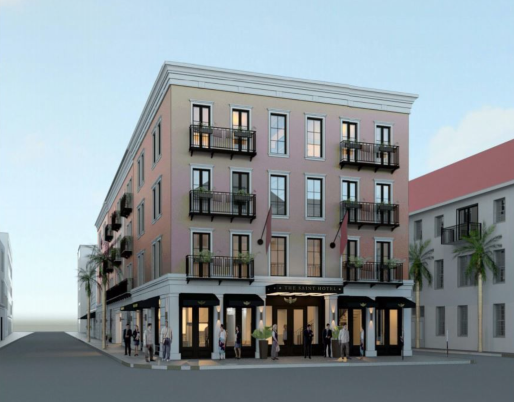The rendering of The Saint Hotel Charleston reveals the architectural nod made to the historic neighborhood. Construction on the hotel is in its final stages.