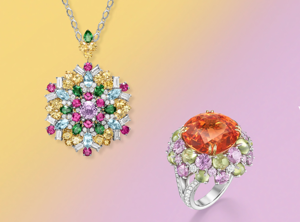 The high jewelry pendants in the Kaleidoscope Collection feature center stones available in a myriad of colors, from red rubellites to green tsavorites; purple sapphires to aquamarines and more.