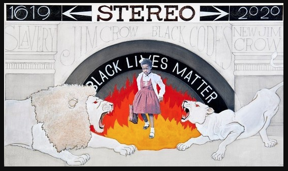 Tierney Malone uses African-American history and pop culture to create mixed-media works that challenge contemporary culture and politics. Malone's "The Little Girl in the Lion's Den," 2020. Courtesy Lawndale Art Center. 