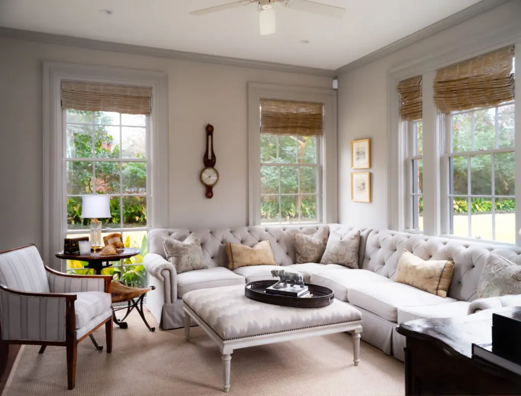 The southeast corner sitting room is bathed in light at 1317 North Boulevard in Houston's exclusive Broadacres neighborhood.  (Photo by Jonathan Calvert)