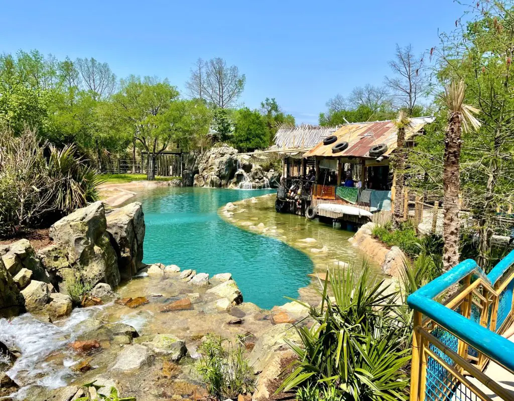 One main pool with two smaller splash pools surround the fishing village at Fort Worth Zoo's newest attraction. Photo by Courtney Dabney