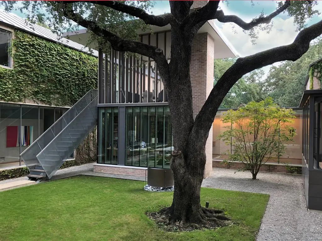 A glass and ivy-covered exterior  