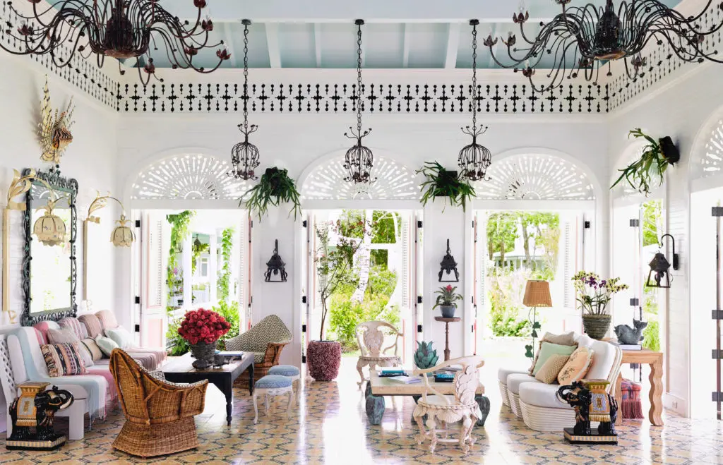 The bahia, a welcoming place for meals, cocktails and conversation, with a 30-foot aqua ceiling and Italian gessoed shell chairs.