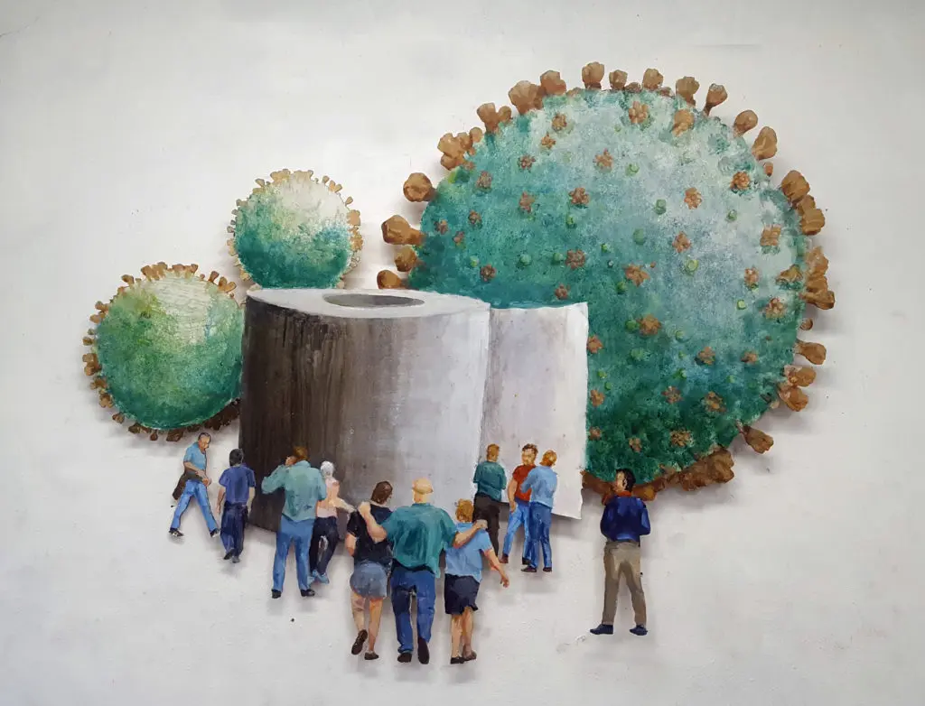 Postponed since July 2020, the COVID-themed "The Show Must Go On," finally opens Saturday, May 8, 7 to 10 pm, at Kallinen Art Gallery in Houston's East End. Shown: A.M. Shaer's "Monument," 2020.