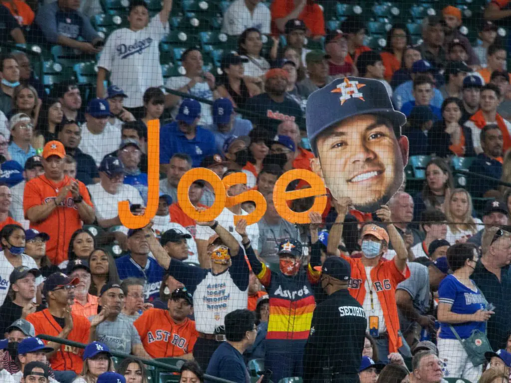 Astros fans also made themselves heard during this intense Dodgers-Astros scene. (Photo by F. Carter Smith)
