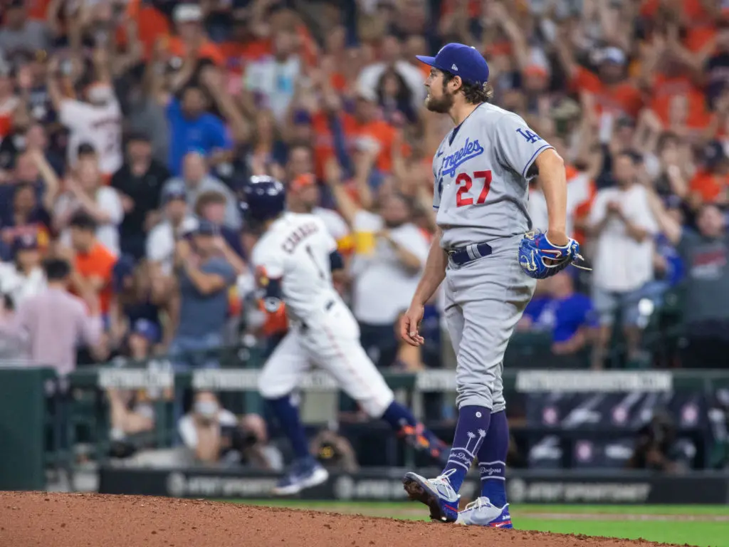 Dodgers starter Trevor Bauer could only watch Carlos Correa's home run. (Photo by F. Carter Smith)