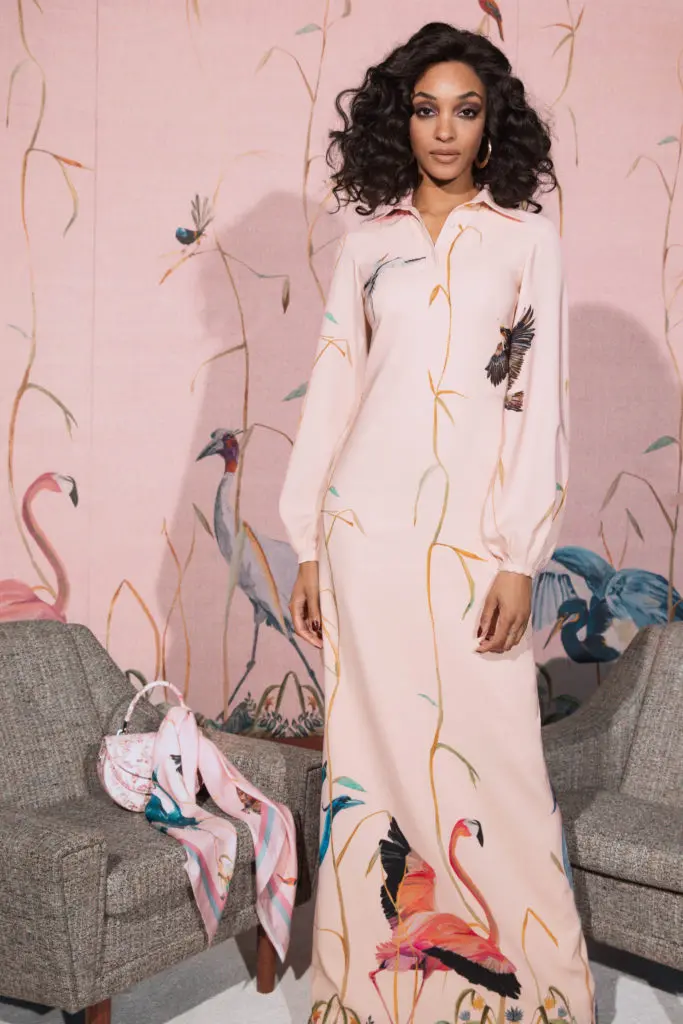 Brandon Maxwell flamingo print floor-length maxi dress with blouson sleeves. (Photo by Joe Williams for Brandon Maxwell)