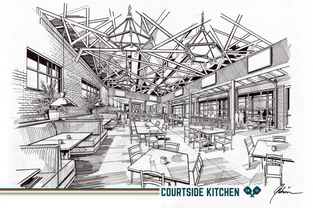 An illustration of the indoor space at the new Courtside Kitchen. Rendering by Michael Gibson.