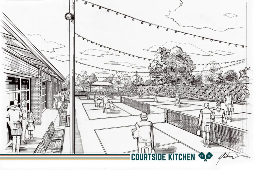 Seven outdoor pickleball courts at Courtside Kitchen. Rendering by  Michael Gibson.
