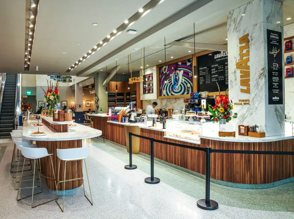 The Dallas location of Caffè Lavazza boasts a cappuccino station and seating area for all-day dining.