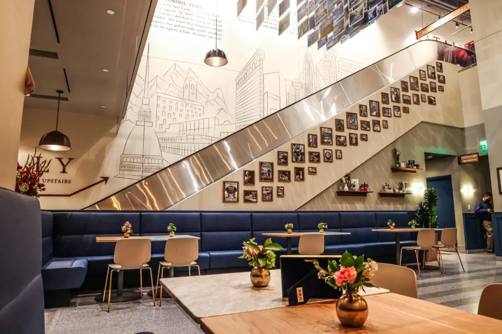 The spacious seating area with outlets for working is unique to the Dallas location of Eataly's Caffè Lavazza.