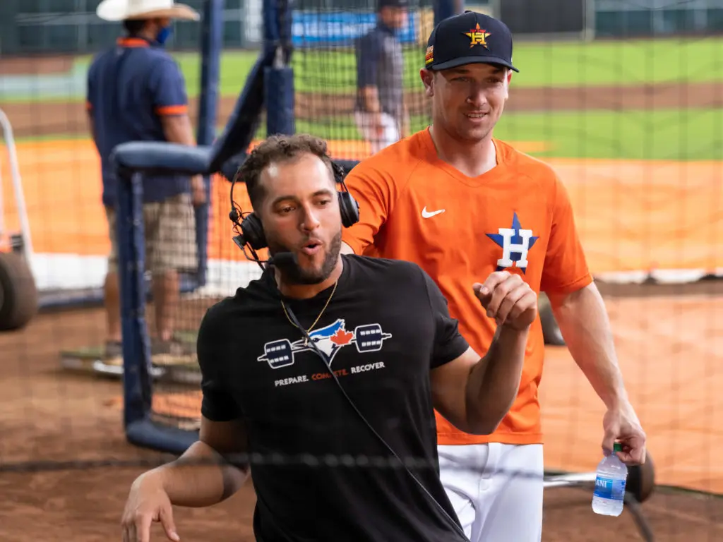 George Springer always brings a lot of energy to his team. Astros or Blue Jays. Whether he is playing or not. (Photo by F. Carter Smith)