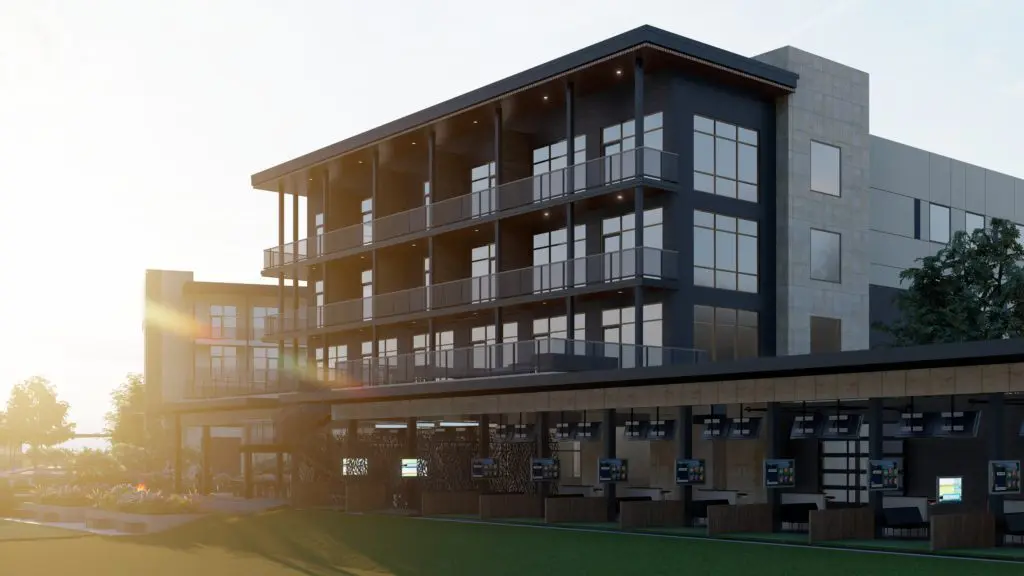 RiverPark Arlington will include climate controlled bays at its Toptracer golf range.