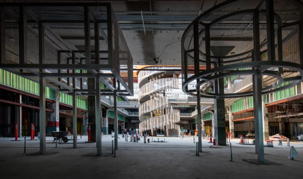 POST Houston’s Vladimir Tatlin-inspired staircase under construction, designed by architecture firm OMA/Jason Long. OMA was founded by Rem Koolhaas, Rotterdam.