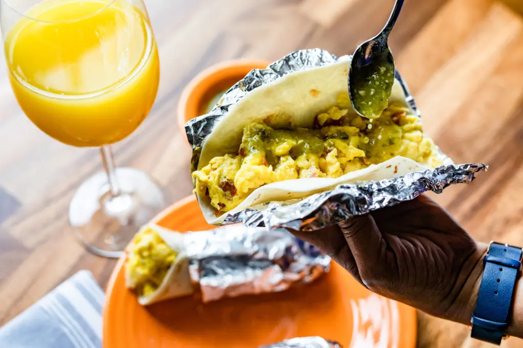 The breakfast taco at NoPo Café, Restaurant & Bar is available for table service or grab-and-go. (Photo by Kirsten Gilliam)